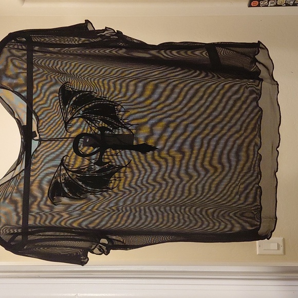 DOLLSKILL WIDOW 1X HOLLOW EDGES MESH CROP TOP BLACK ANKH BURNOUT LETTUCE EDGES - Picture 7 of 7